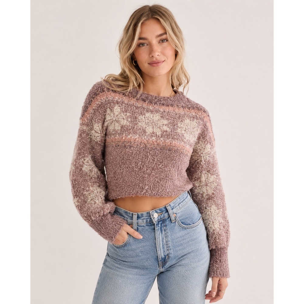 Free People Snowflake Fair Isle Cropped Sweater Womens M Mauve Bouclé Excellent